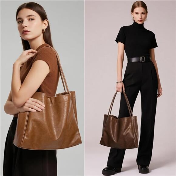 Brown Tote Bag for Women 2 Pcs Large Casual PU Weekender Bag Soft Vegan Leather - Picture 6 of 6